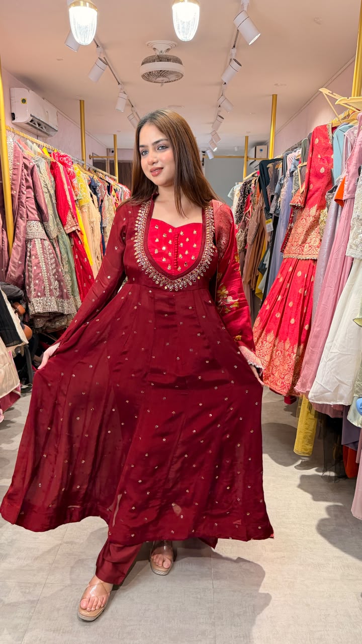 Maroon Embroidered Anarkali Suit Set with Dupatta