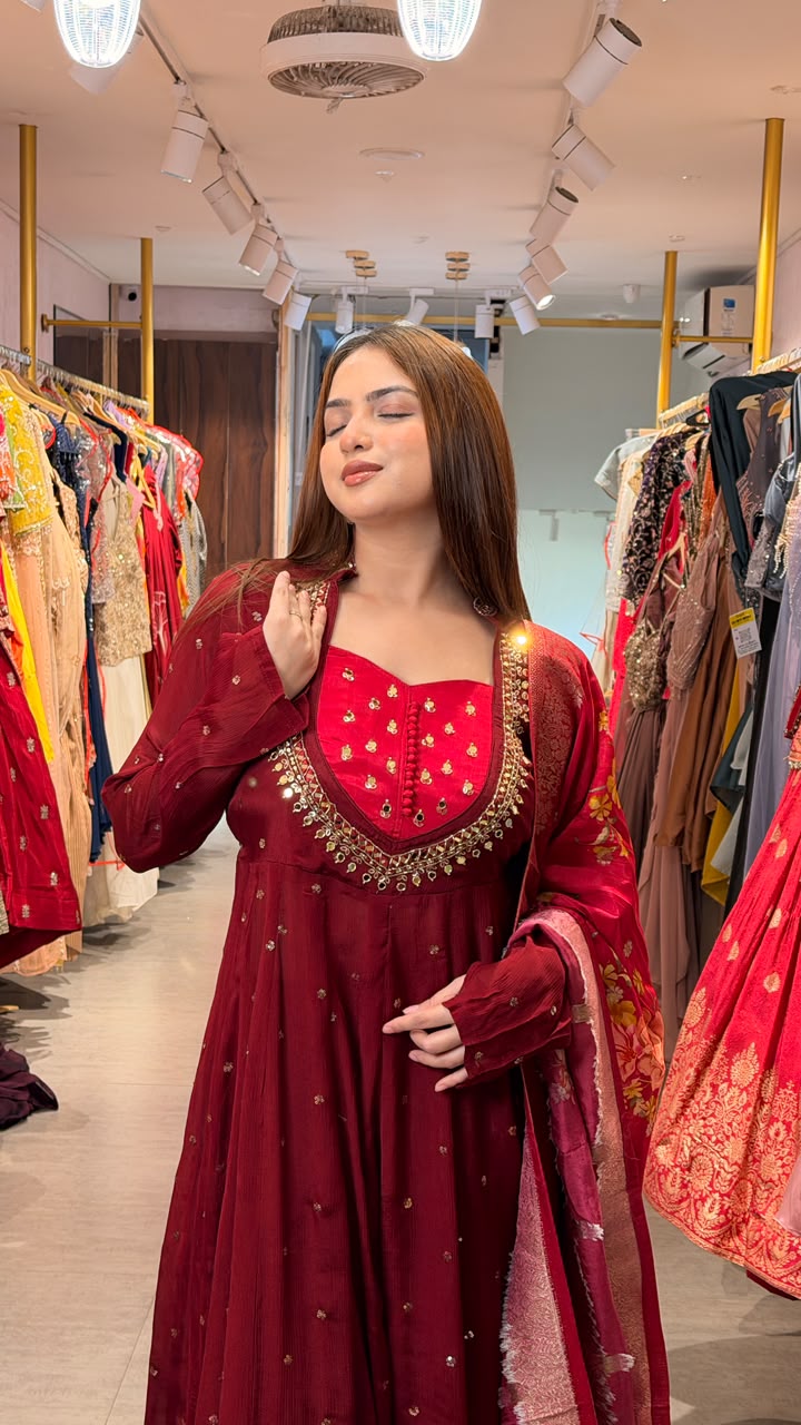 Maroon Embroidered Anarkali Suit Set with Dupatta