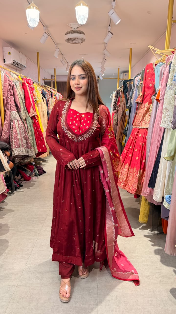 Maroon Embroidered Anarkali Suit Set with Dupatta