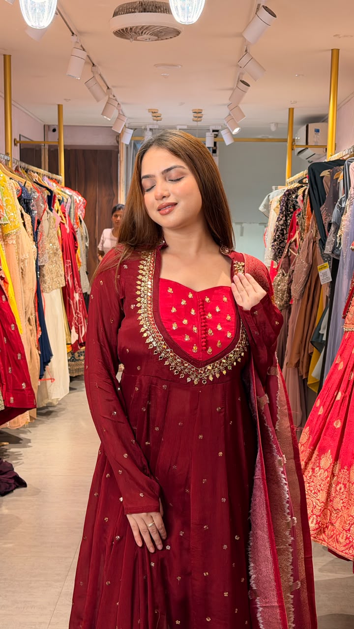 Maroon Embroidered Anarkali Suit Set with Dupatta