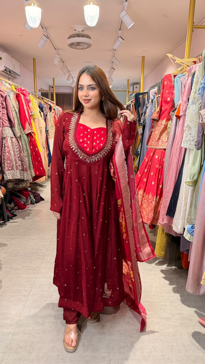 Maroon Embroidered Anarkali Suit Set with Dupatta
