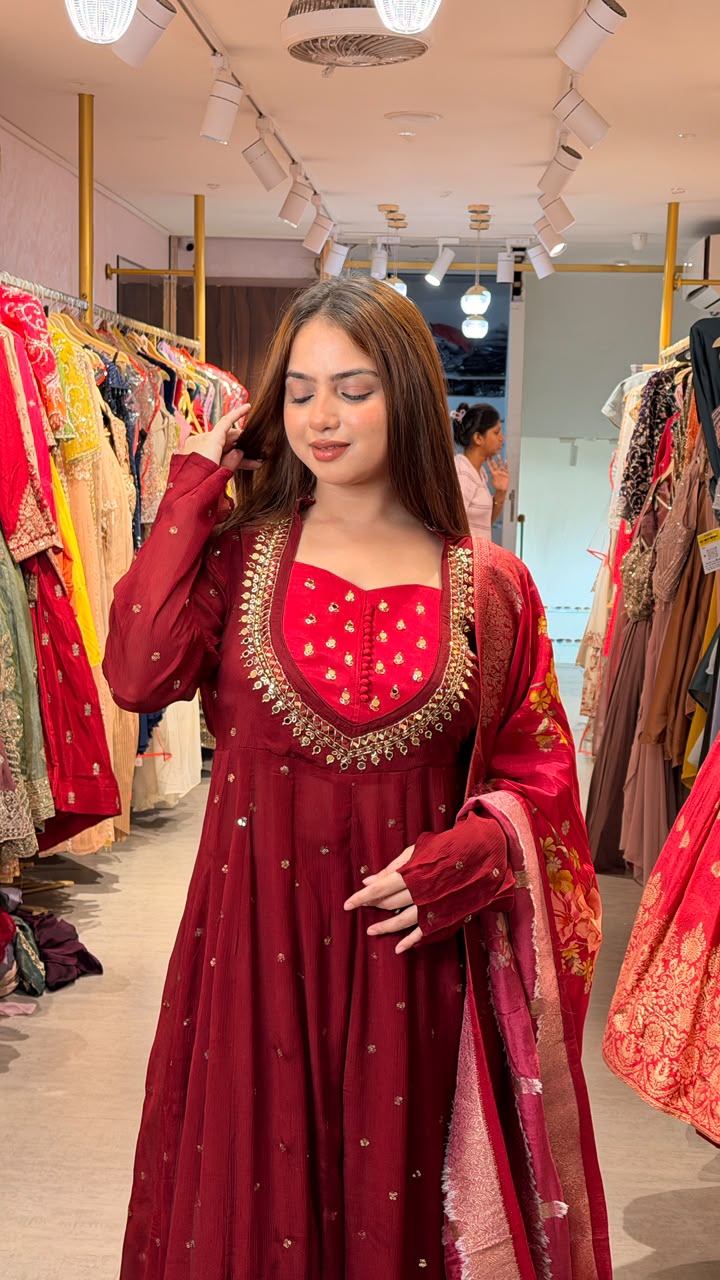 Maroon Embroidered Anarkali Suit Set with Dupatta