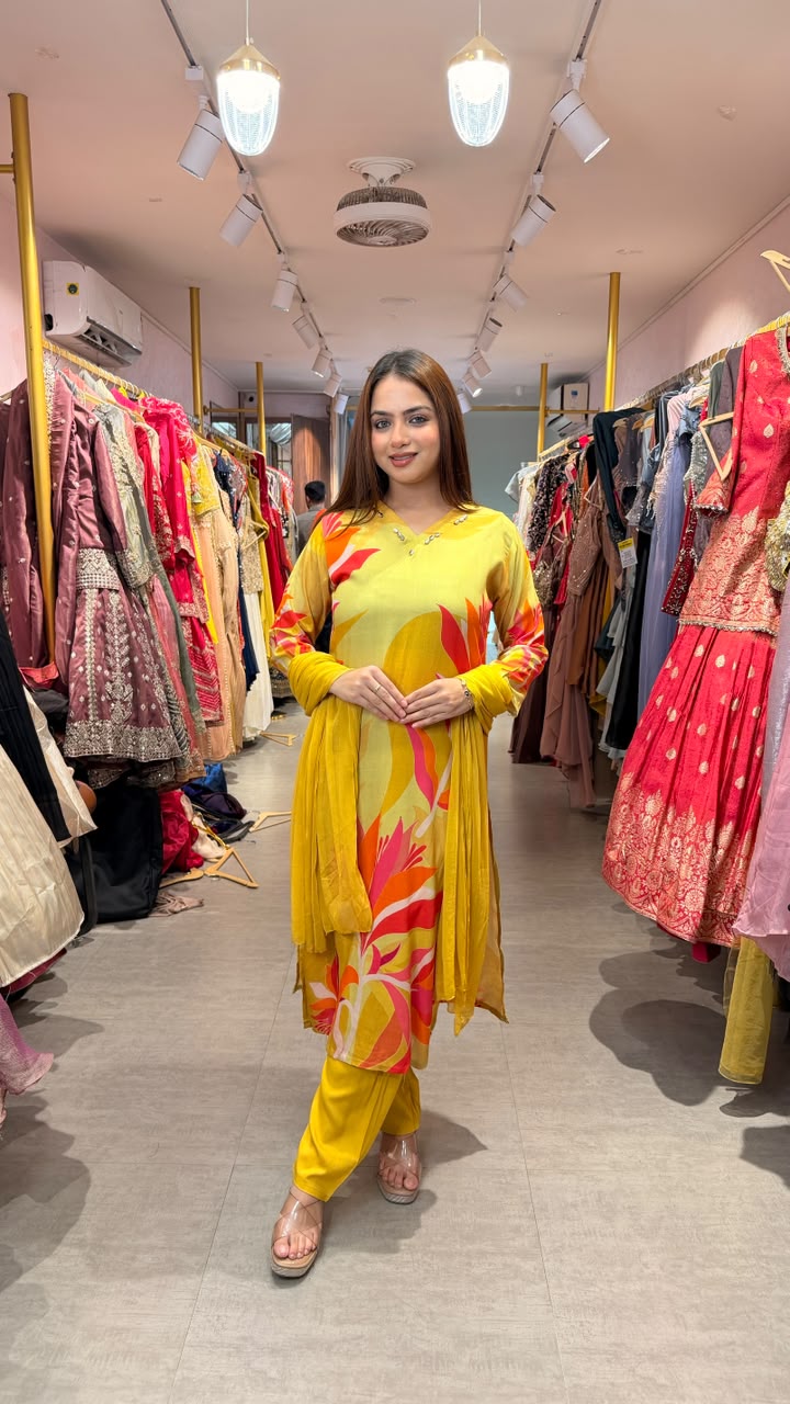 Abstract Floral Printed Straight Kurta Set with Dupatta