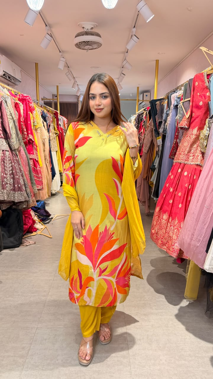 Abstract Floral Printed Straight Kurta Set with Dupatta