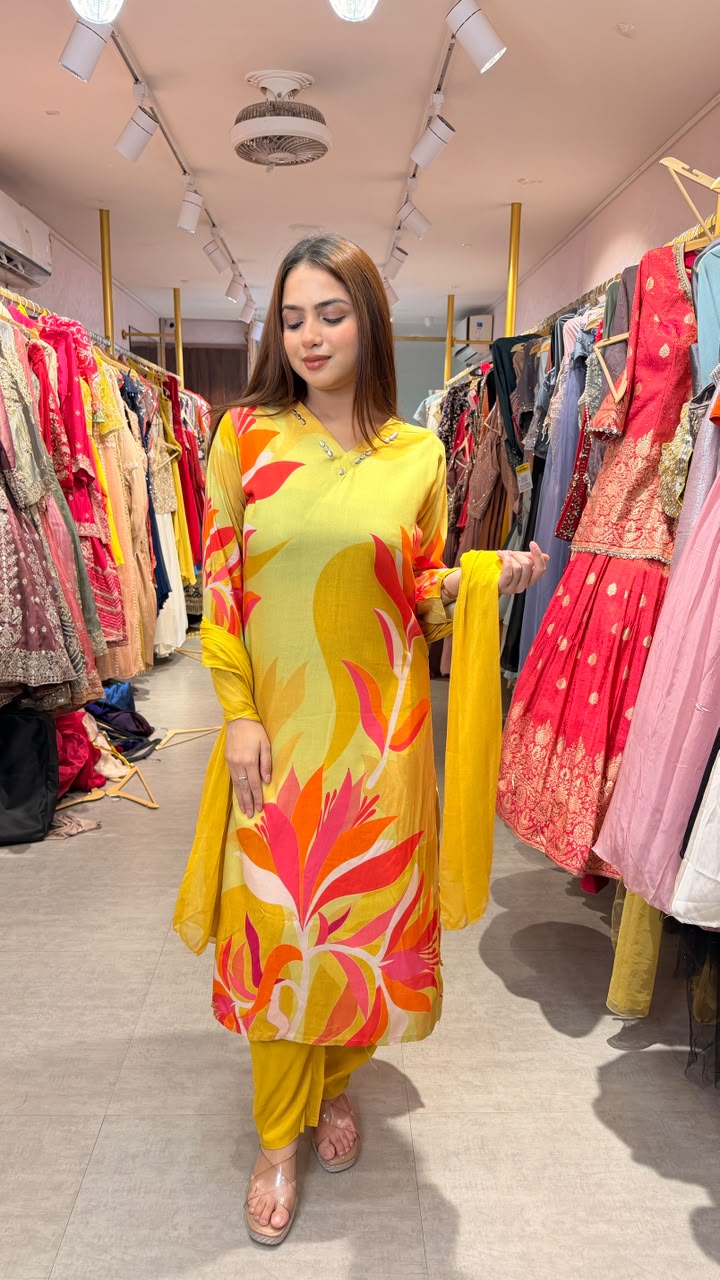 Abstract Floral Printed Straight Kurta Set with Dupatta