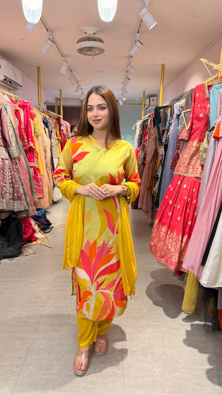 Abstract Floral Printed Straight Kurta Set with Dupatta