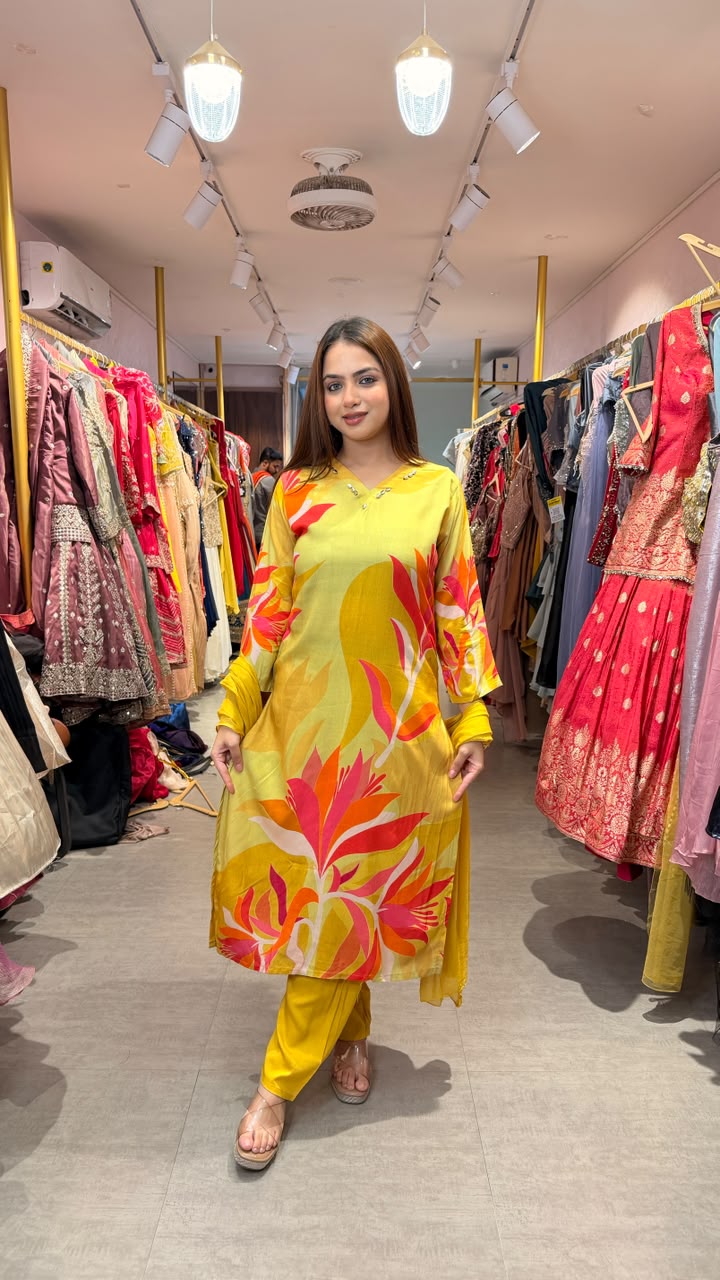 Abstract Floral Printed Straight Kurta Set with Dupatta