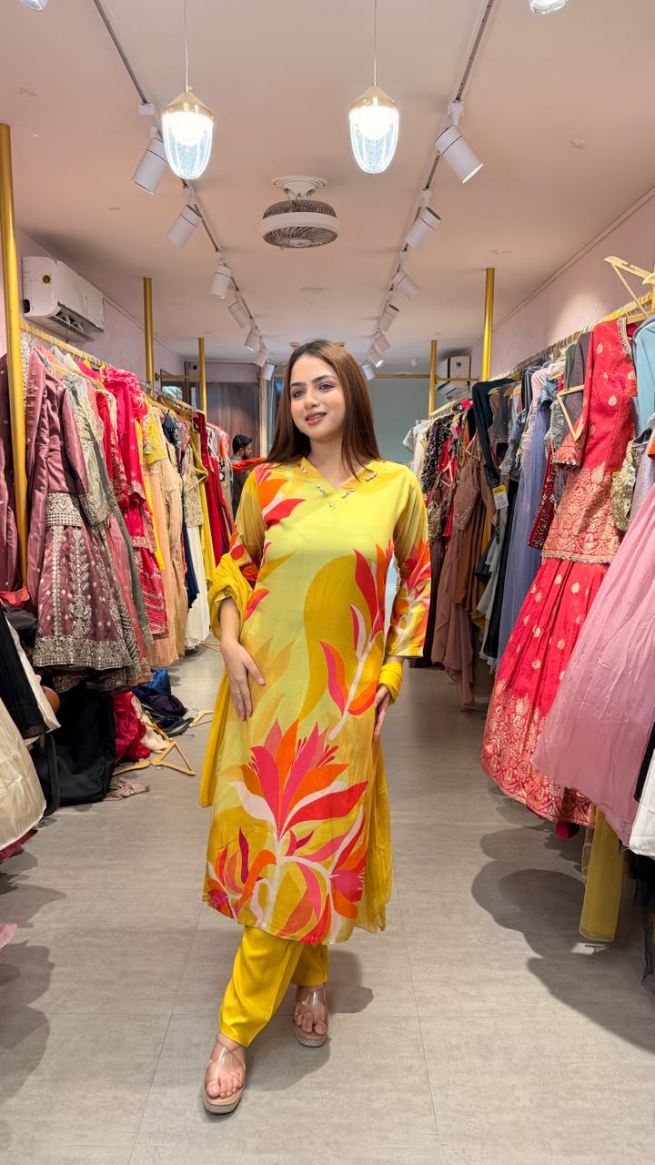 Abstract Floral Printed Straight Kurta Set with Dupatta
