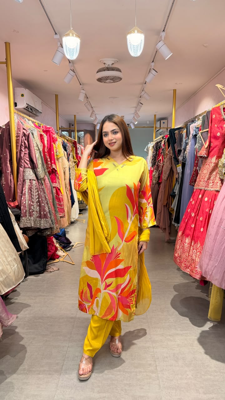 Abstract Floral Printed Straight Kurta Set with Dupatta