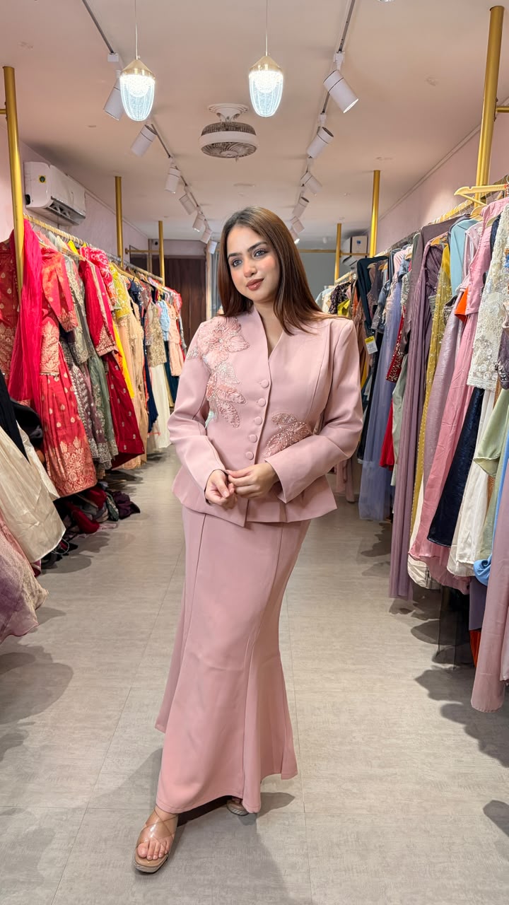 Blush Pink Embellished Peplum Jacket & Mermaid Skirt Co-ord Set