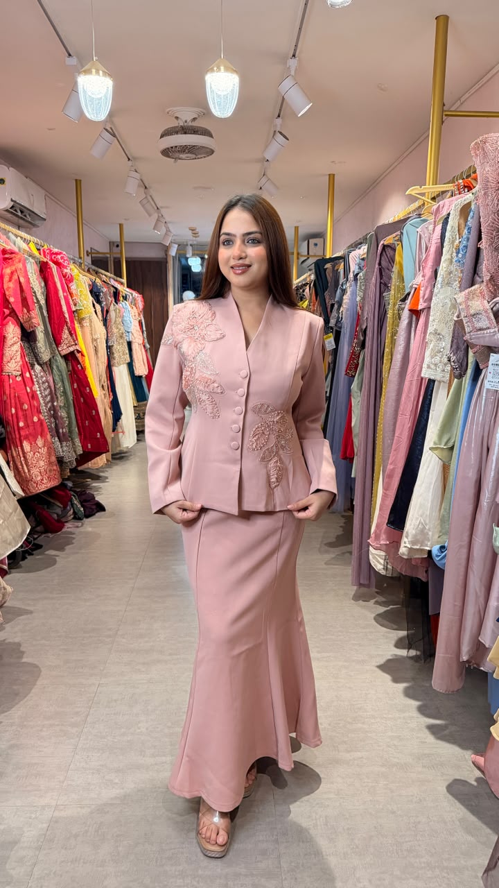 Blush Pink Embellished Peplum Jacket & Mermaid Skirt Co-ord Set