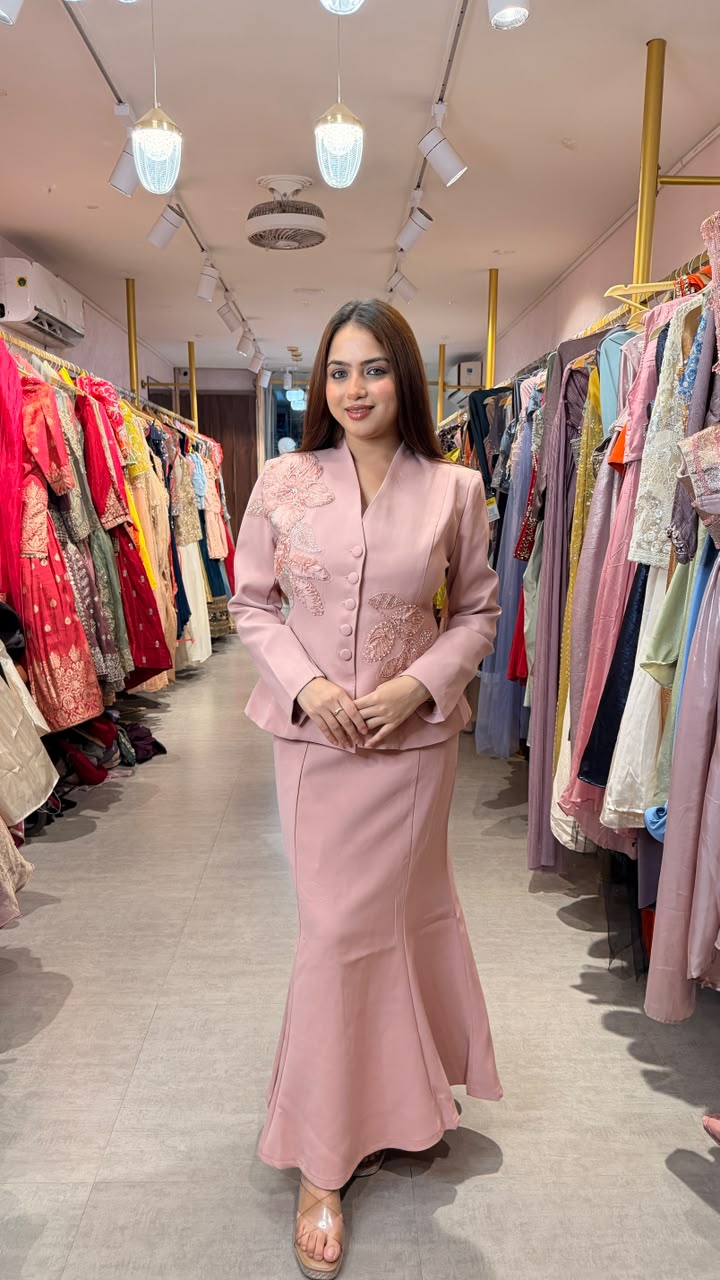 Blush Pink Embellished Peplum Jacket & Mermaid Skirt Co-ord Set