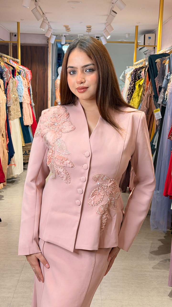 Blush Pink Embellished Peplum Jacket & Mermaid Skirt Co-ord Set