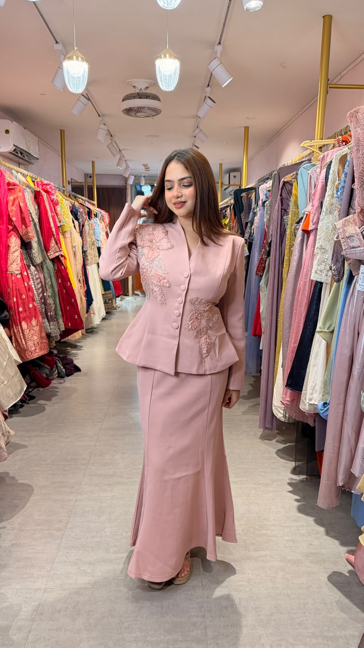 Blush Pink Embellished Peplum Jacket & Mermaid Skirt Co-ord Set