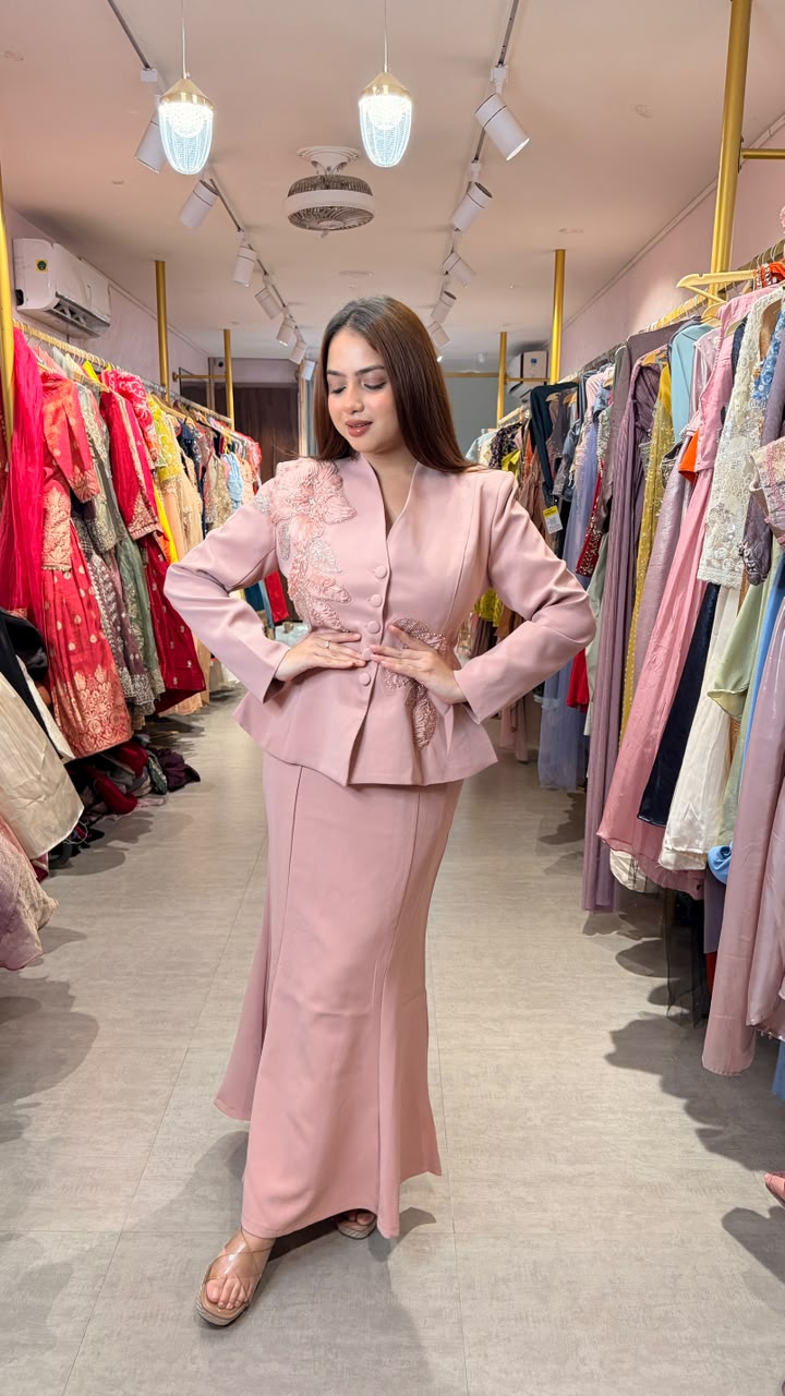 Blush Pink Embellished Peplum Jacket & Mermaid Skirt Co-ord Set