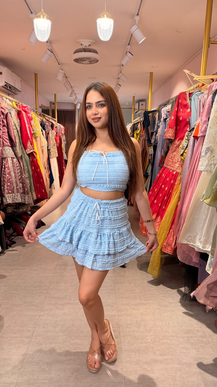 Sky Blue Smocked Ruffle Co-ord Set