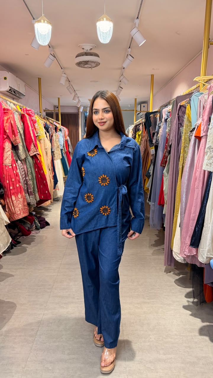 Denim Embroidered Wrap Co-ord Set