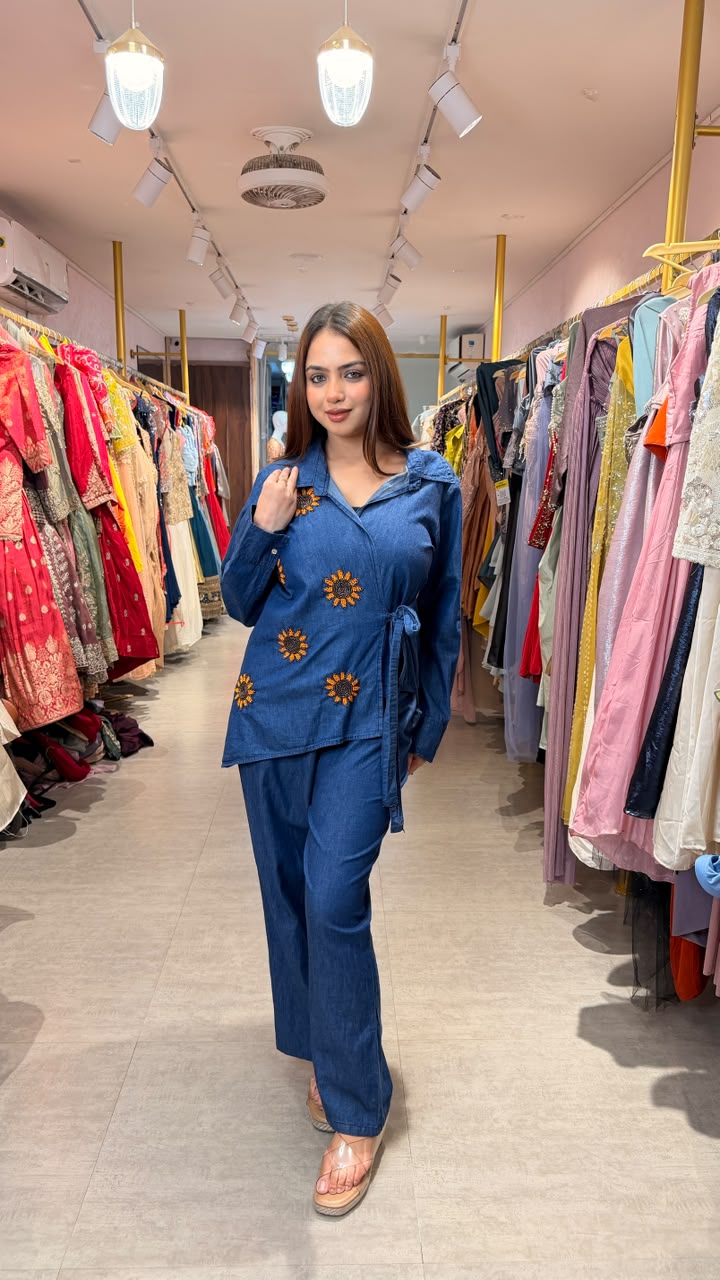Denim Embroidered Wrap Co-ord Set