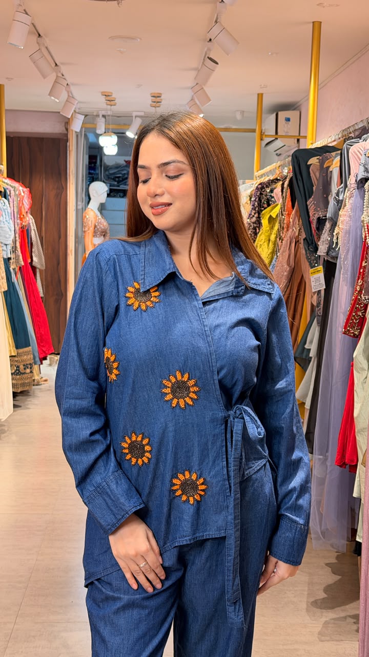 Denim Embroidered Wrap Co-ord Set