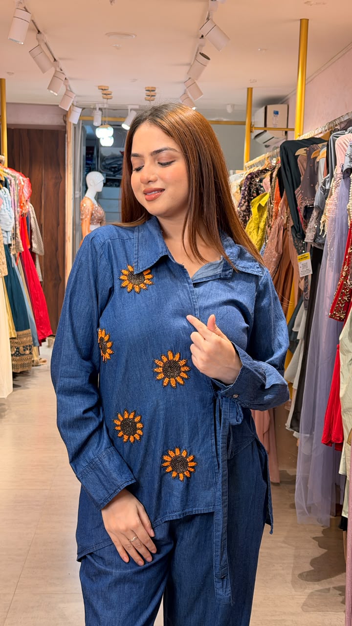 Denim Embroidered Wrap Co-ord Set