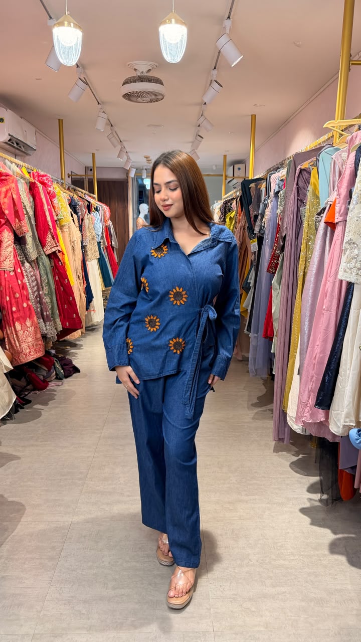 Denim Embroidered Wrap Co-ord Set