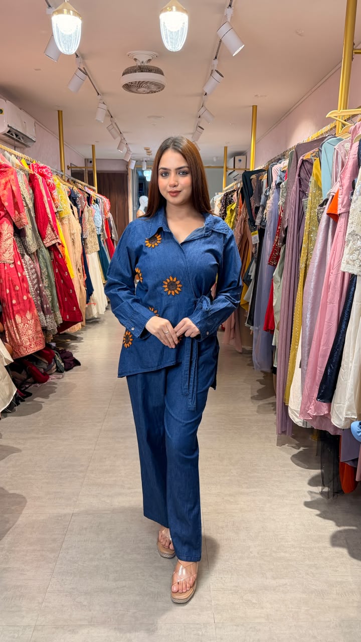 Denim Embroidered Wrap Co-ord Set