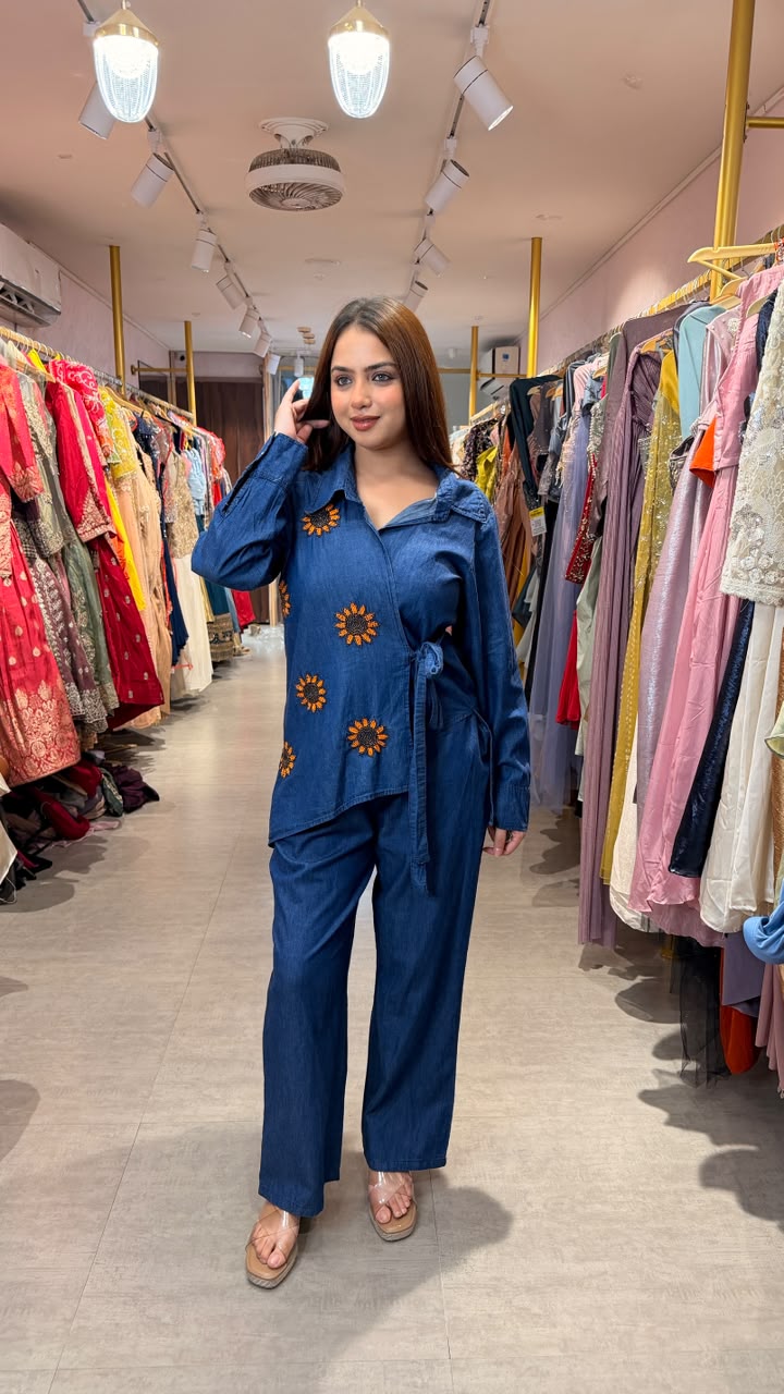 Denim Embroidered Wrap Co-ord Set