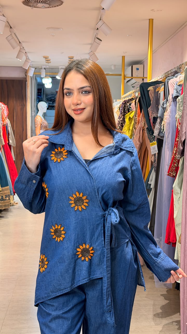 Denim Embroidered Wrap Co-ord Set
