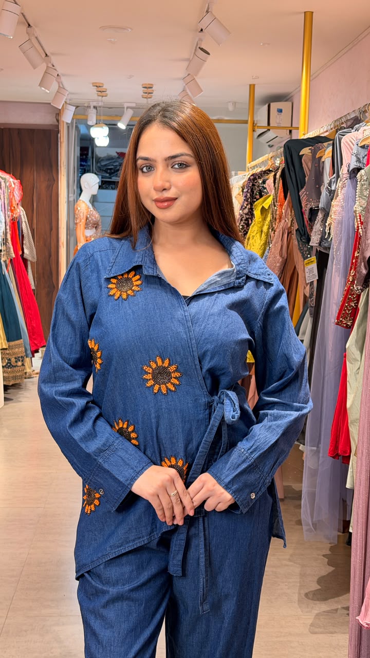 Denim Embroidered Wrap Co-ord Set