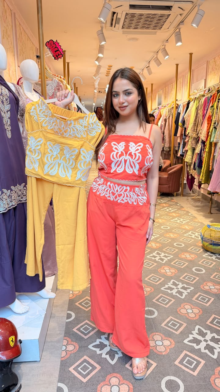 Coral Embroidered Crop Top & Palazzo Co-ord Set