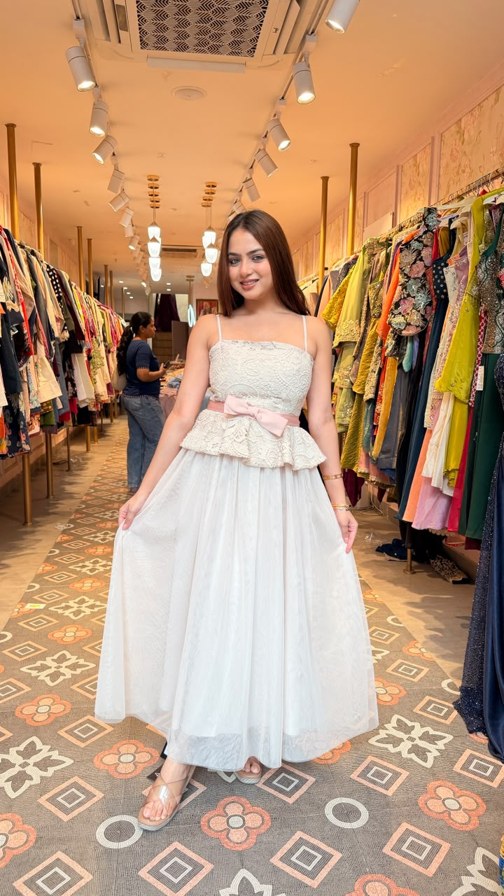 Lace Peplum Bodice Tulle Maxi Dress