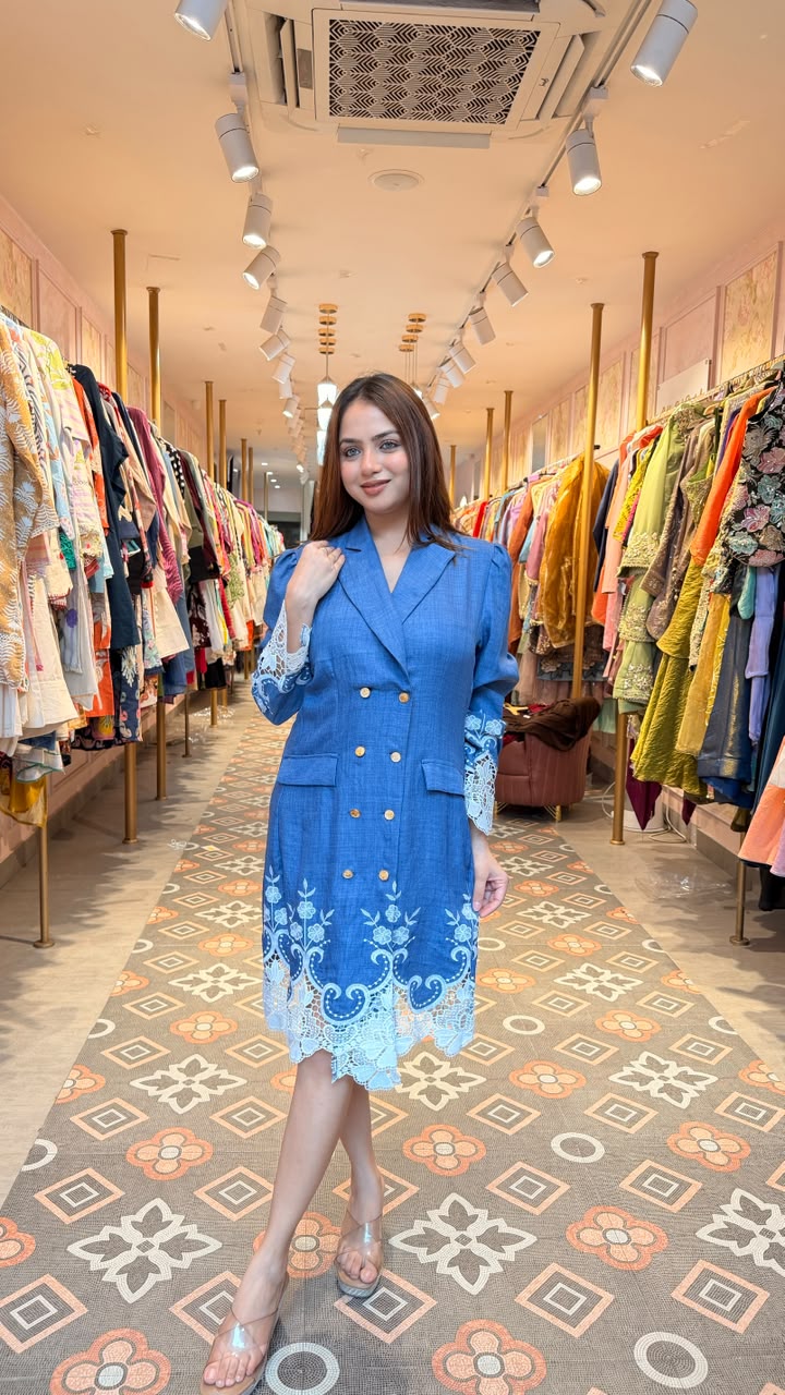 Blue Embroidered Blazer Dress