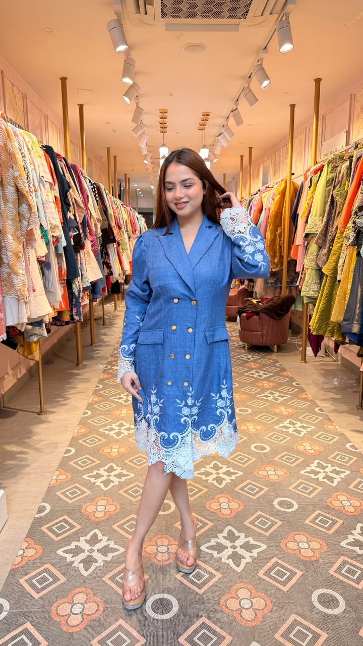 Blue Embroidered Blazer Dress
