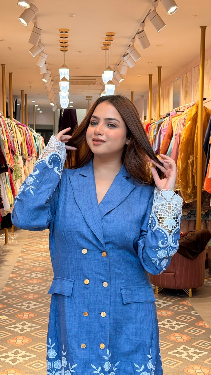 Blue Embroidered Blazer Dress