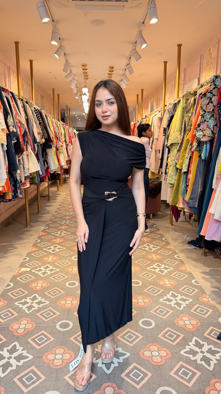 Black One-Shoulder Ruched Bodycon Midi Dress