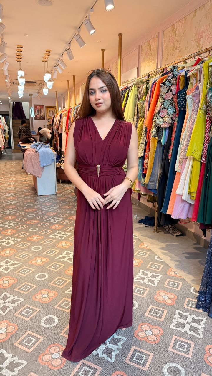 Plum Grecian Draped Maxi Gown