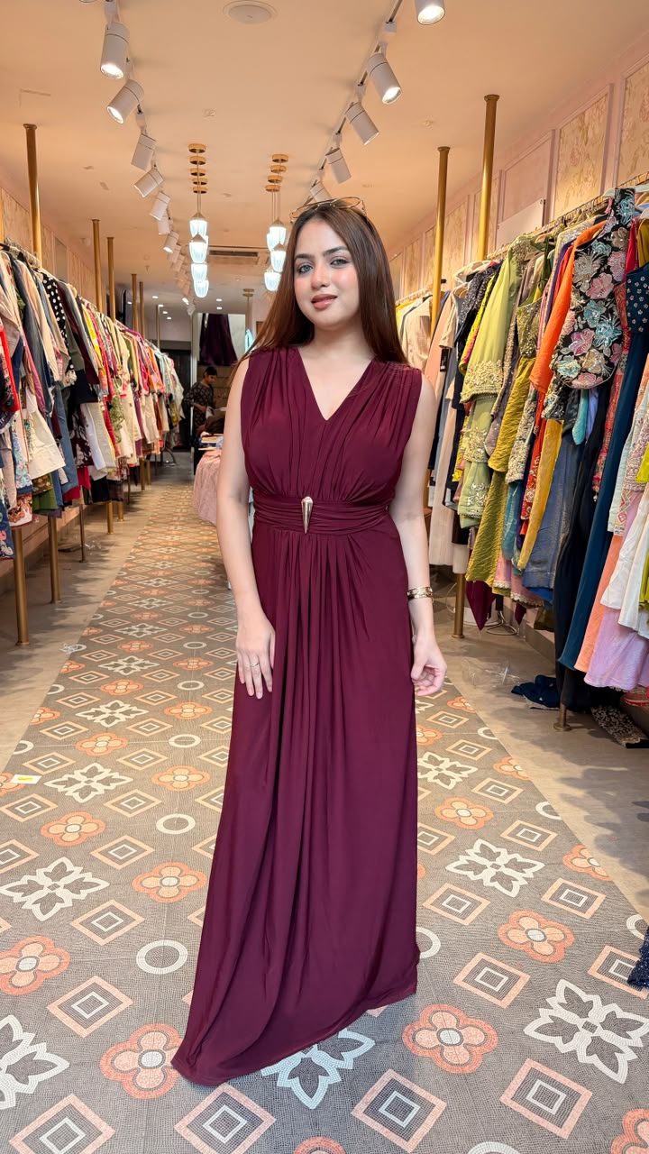 Plum Grecian Draped Maxi Gown
