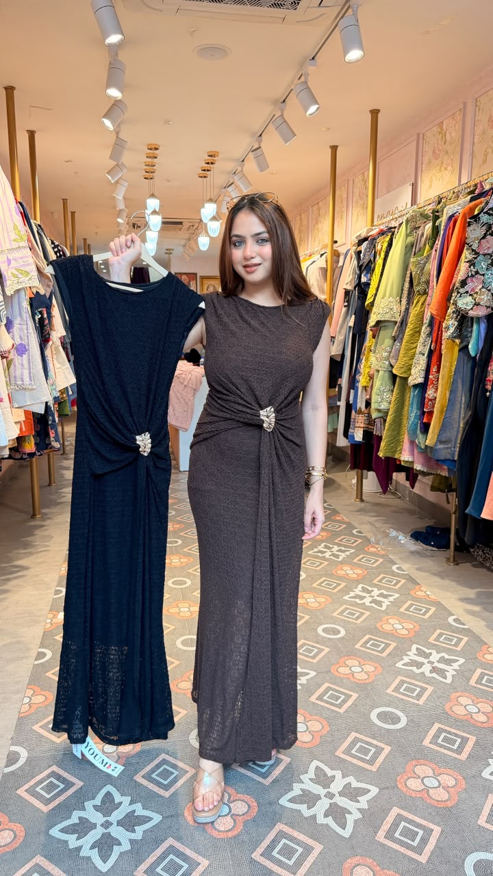 Textured Ruched Maxi Dress with Statement Buckle