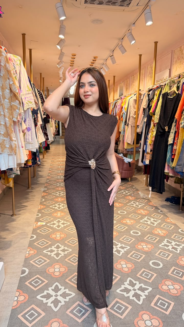 Textured Ruched Maxi Dress with Statement Buckle