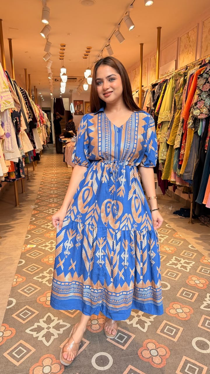 Boho Tribal Print Tiered Midi Dress