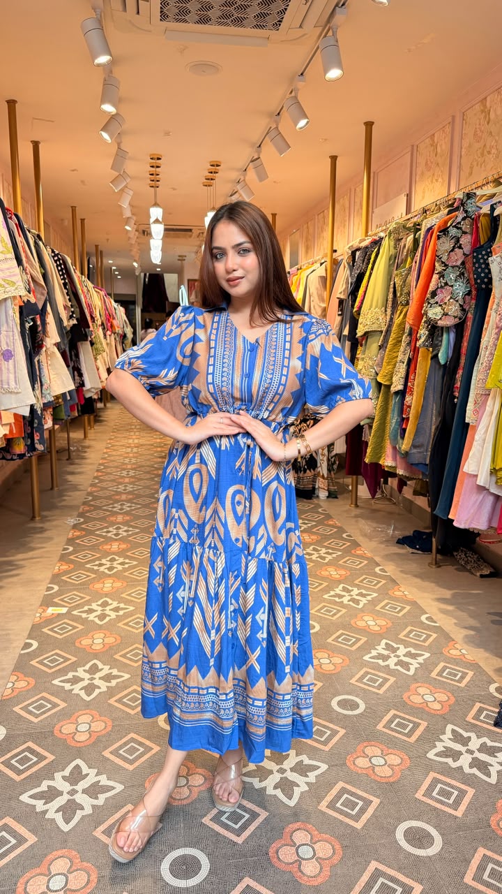 Boho Tribal Print Tiered Midi Dress