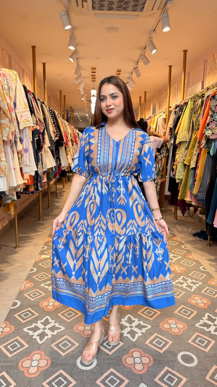 Boho Tribal Print Tiered Midi Dress
