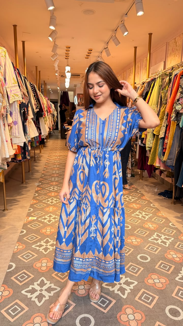Boho Tribal Print Tiered Midi Dress