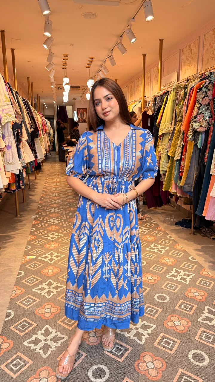 Boho Tribal Print Tiered Midi Dress