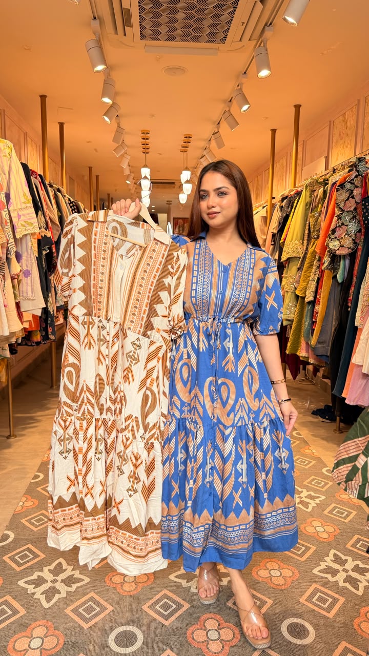 Boho Tribal Print Tiered Midi Dress