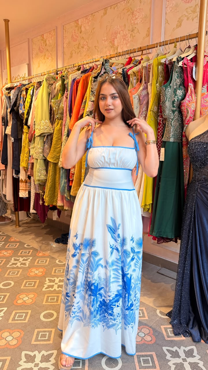 Blue Tropical Print Tie-Strap Maxi Dress