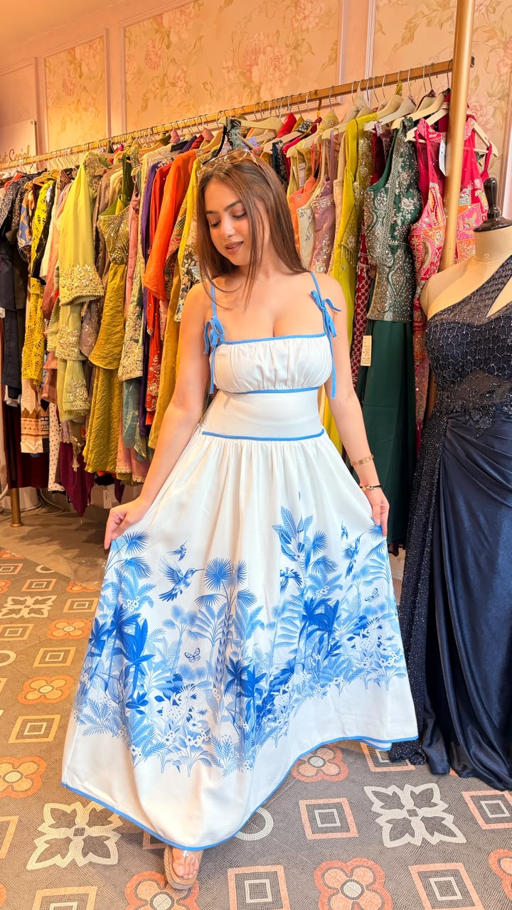 Blue Tropical Print Tie-Strap Maxi Dress