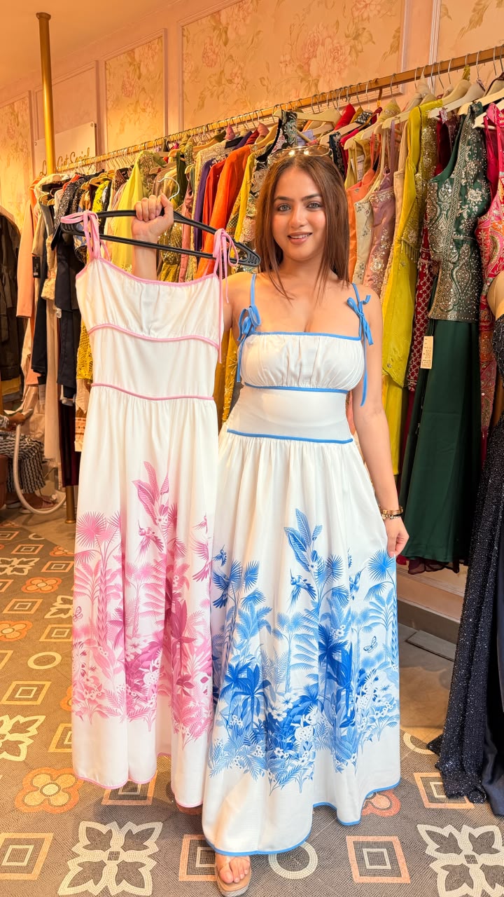 Blue Tropical Print Tie-Strap Maxi Dress