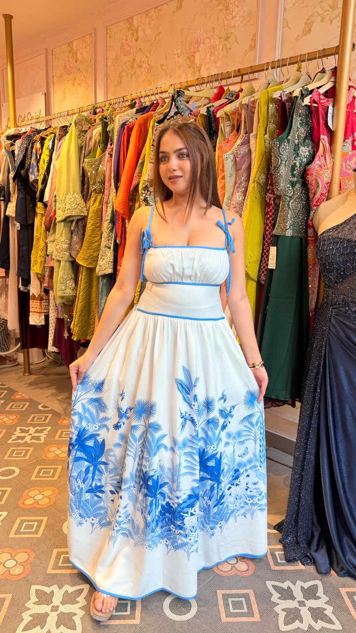 Blue Tropical Print Tie-Strap Maxi Dress