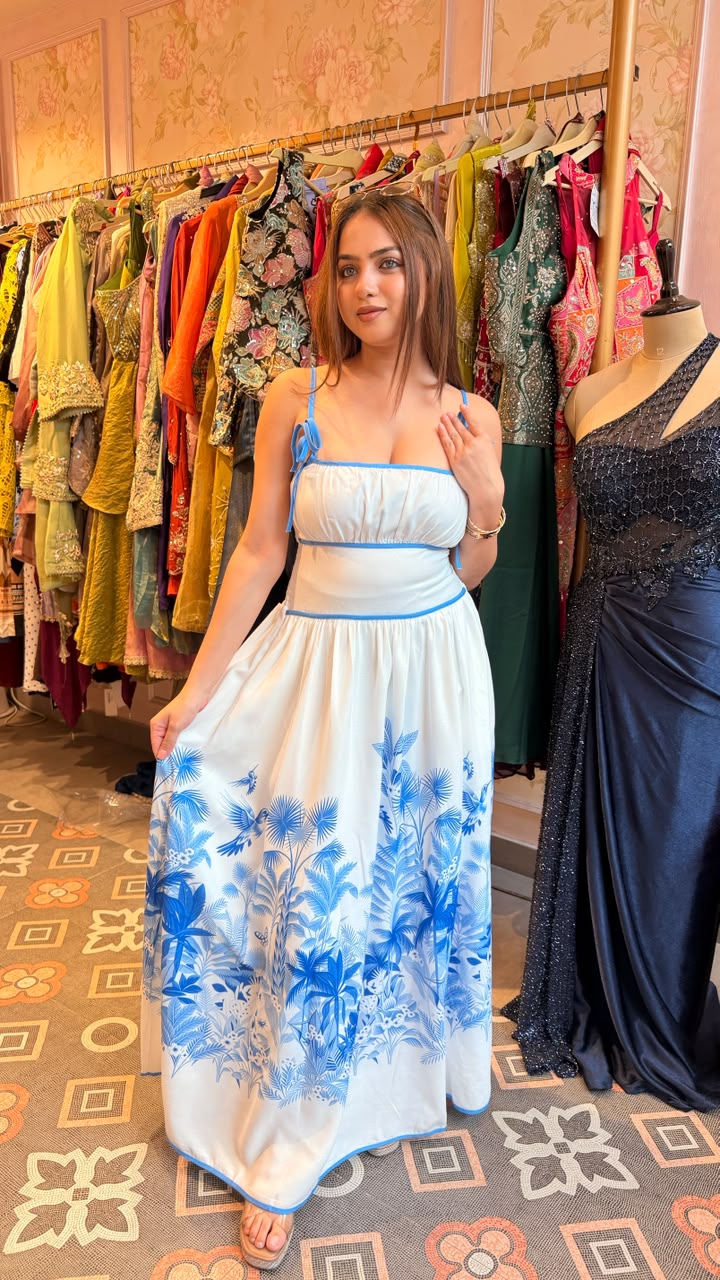 Blue Tropical Print Tie-Strap Maxi Dress